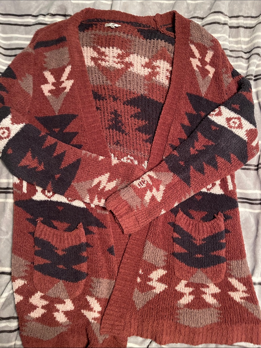 JODIFL Rust Aztec Open-Front Cardigan with Black and Cream Accents